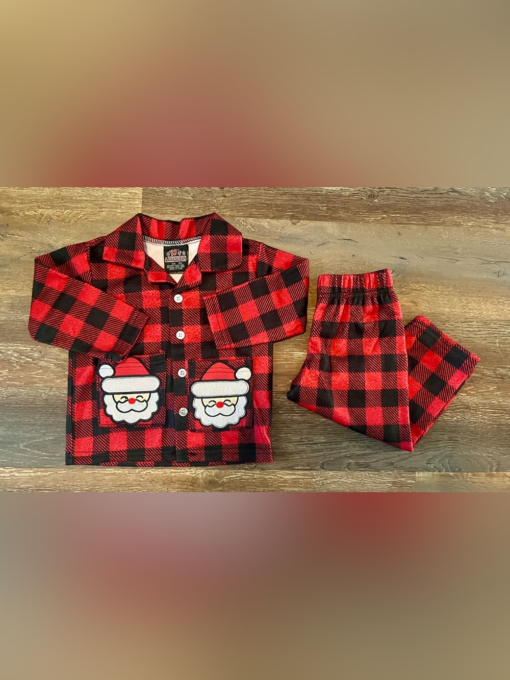 PJ’s & Presents Buffalo Plaid Flannel Santa Button Up Pajama Set Size 12 Months